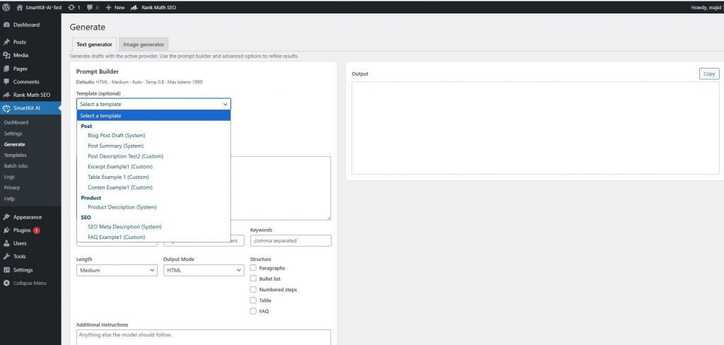 SmartKit AI: Using templates on Generate page