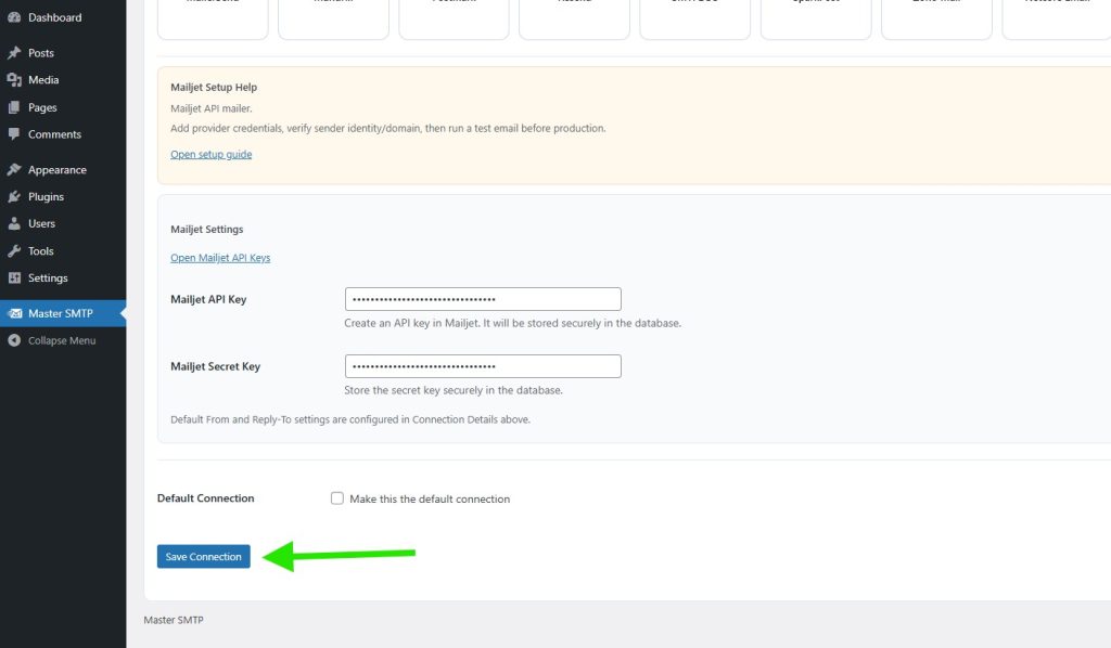 018 deliverykitsmtp mailjet smtp setup mailjet save connection - CodeMaster Hub