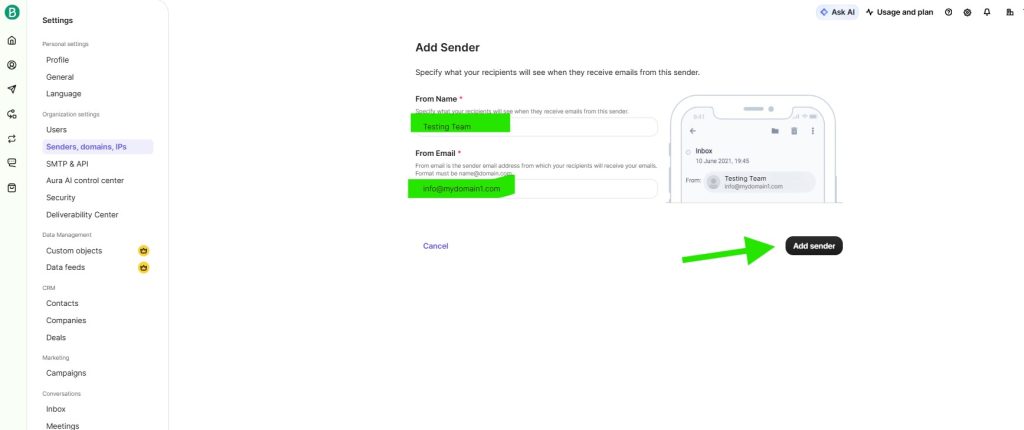 brevo add sender fields - CodeMaster Hub